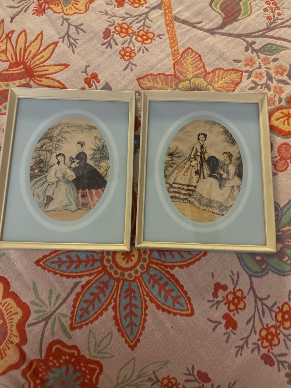 Set of 2 Elegant Light Blue Framed Victorian-Style Prints